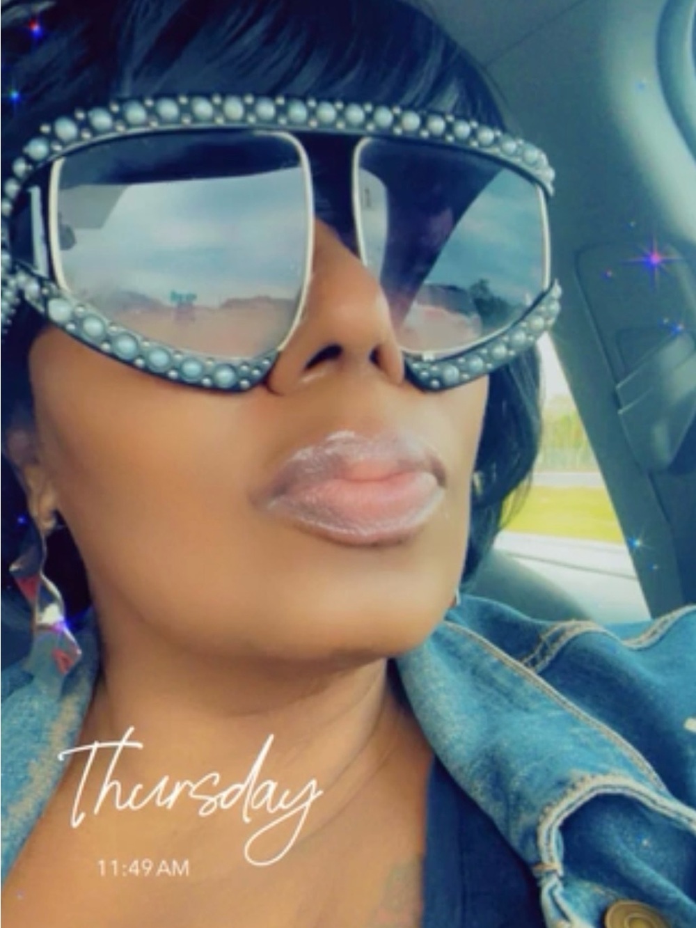 Pearl-Trim Oversized Black Sunglasses